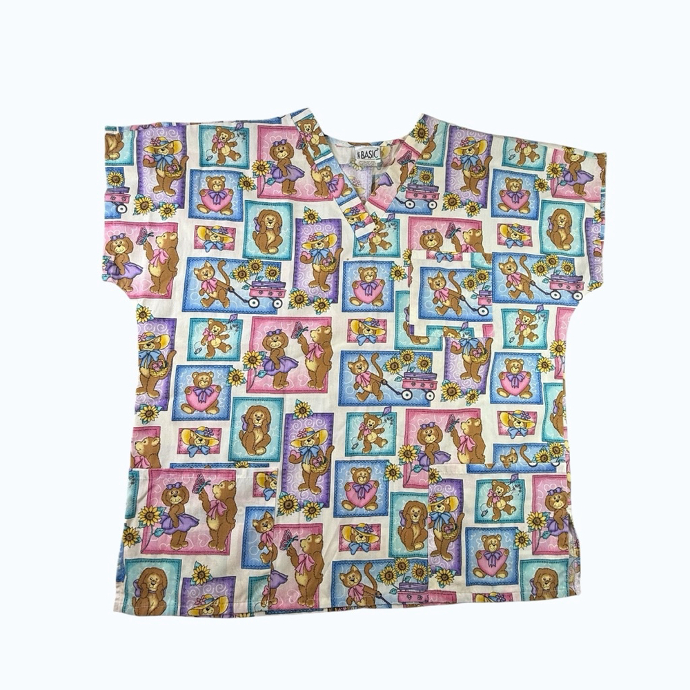 Simply Basic Scrub Top Teddy Bear Sunflower Cute Nurse Medical Large Cottagecore